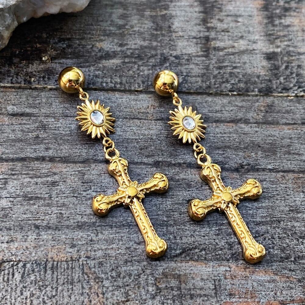 NEW Gold Cross Dangle Earrings - Picture 8 of 9